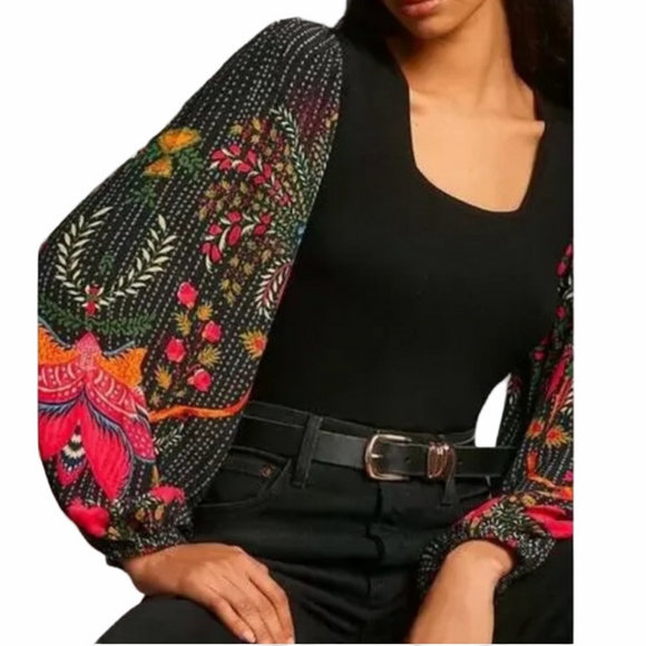 BLANK LONDON Boho Black Knit Top Balloon Sleeves Small Chic Colorful Floral - Picture 1 of 11